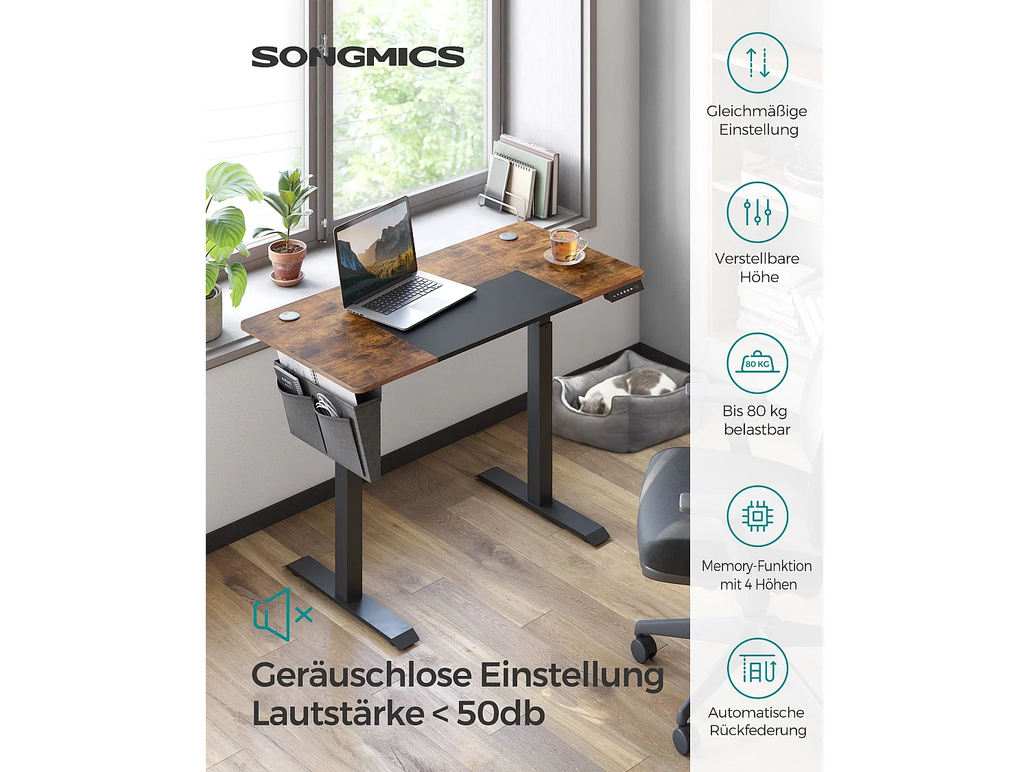SONGMICS Højdejusterbart elektrisk skrivebord, 60 x 120 x (72-120) cm, fuldt justerbart, splejset plade, hukommelsesfunktion med 4 højder, vintage brun/sort