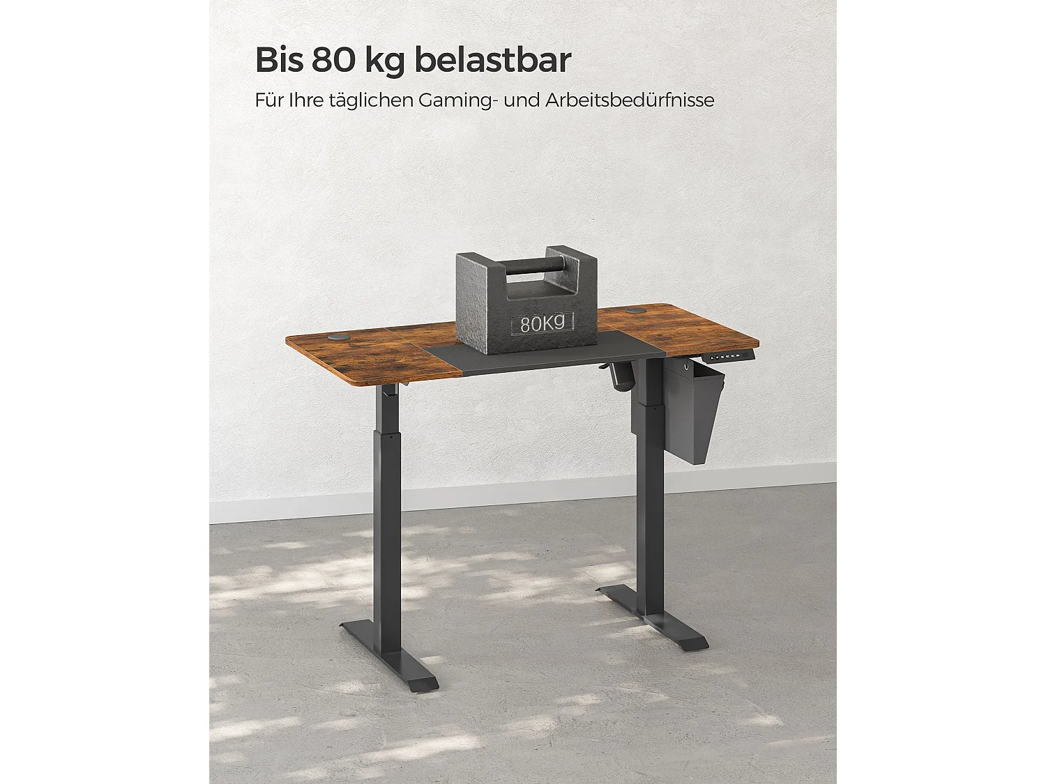 SONGMICS Højdejusterbart elektrisk skrivebord, 60 x 120 x (72-120) cm, fuldt justerbart, splejset plade, hukommelsesfunktion med 4 højder, vintage brun/sort