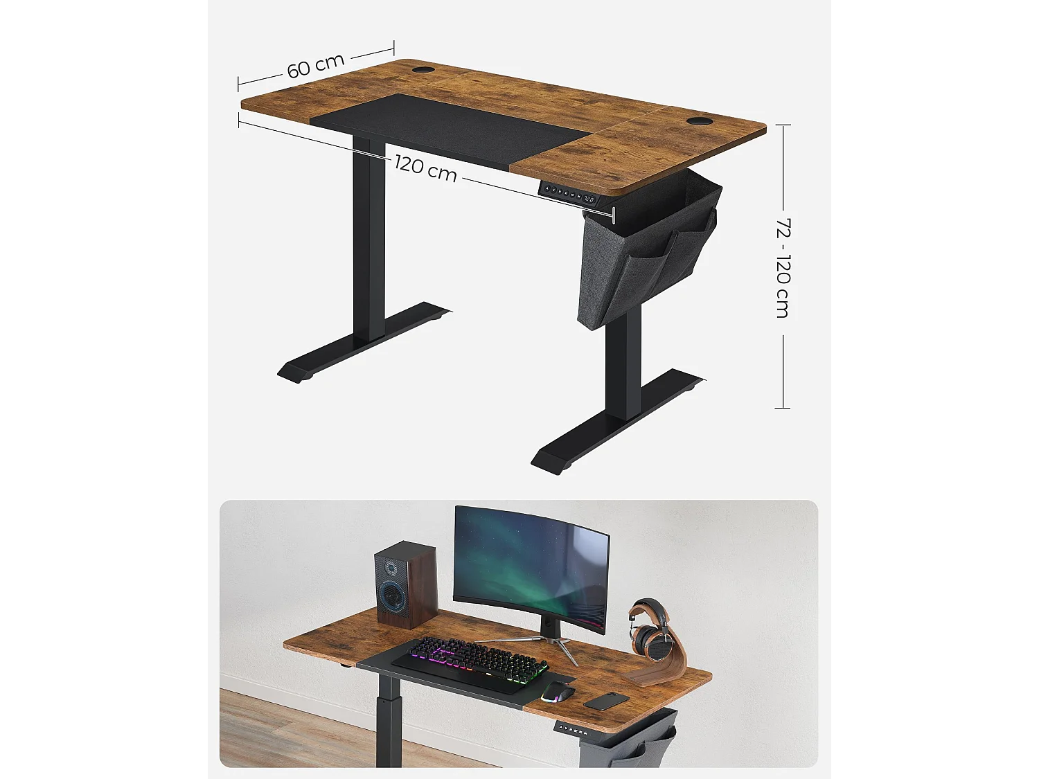 SONGMICS Højdejusterbart elektrisk skrivebord, 60 x 120 x (72-120) cm, fuldt justerbart, splejset plade, hukommelsesfunktion med 4 højder, vintage brun/sort
