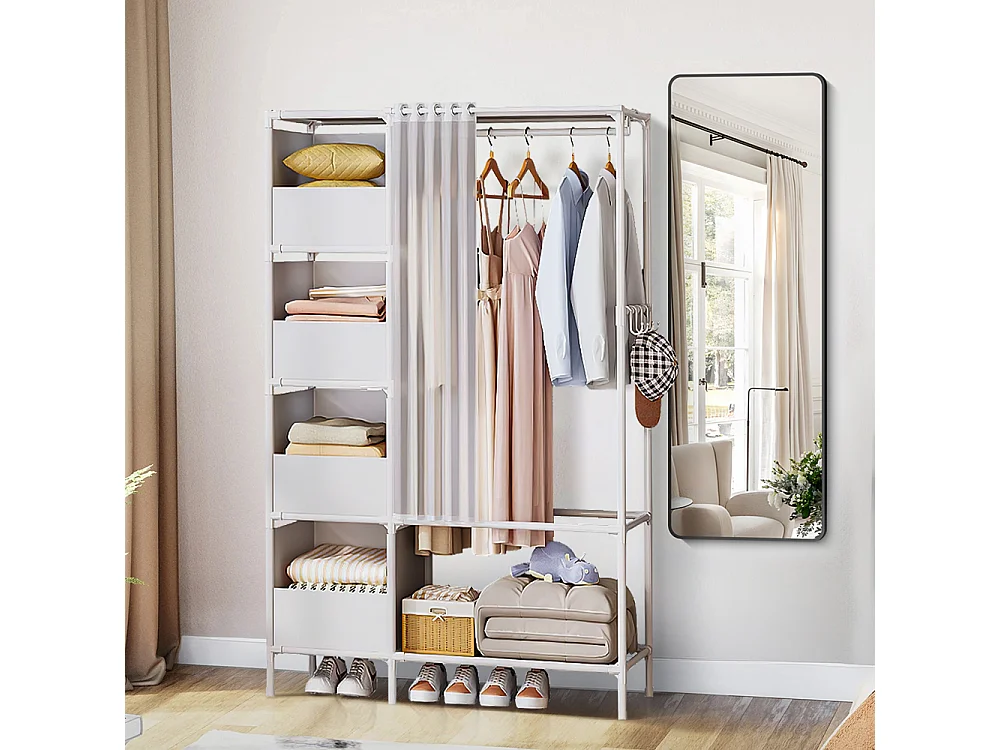Portable Metal Closet Cabinet with Hanging Rod and Shelves - White