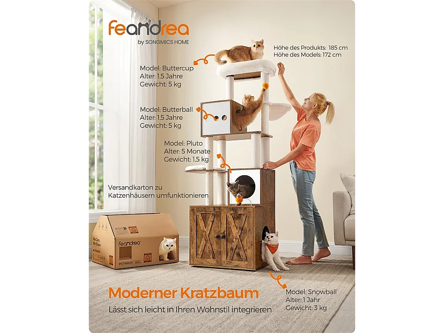 FEANDREA kattekradsetræ med kattebakke 185 cm højt kattekradsetræ kradsetræ platform vaskbar pude vintage brun PCT116X01