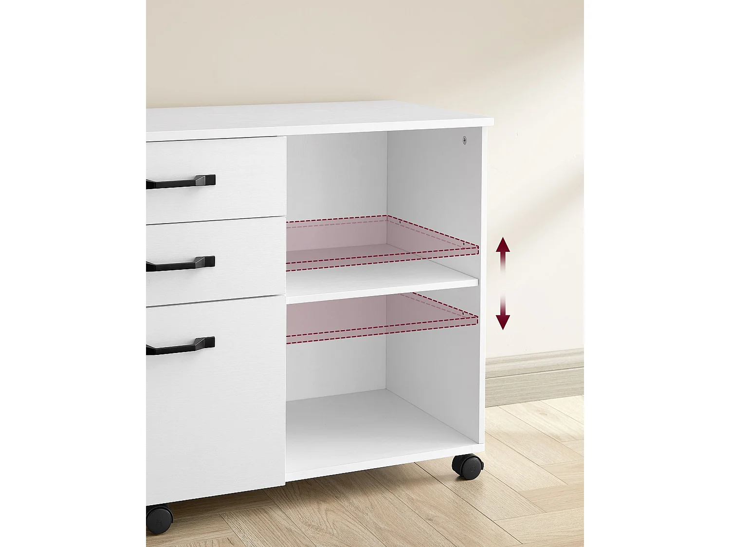 Mobile pedestal with 3 drawers and castors white