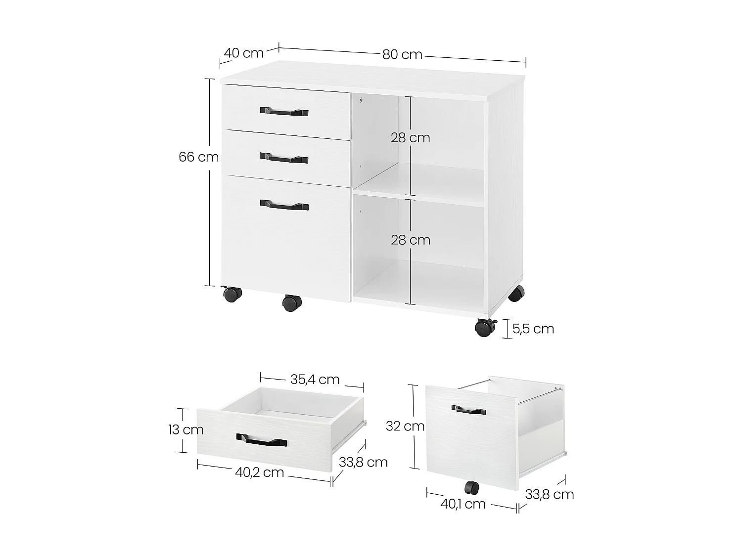 Mobile pedestal with 3 drawers and castors white