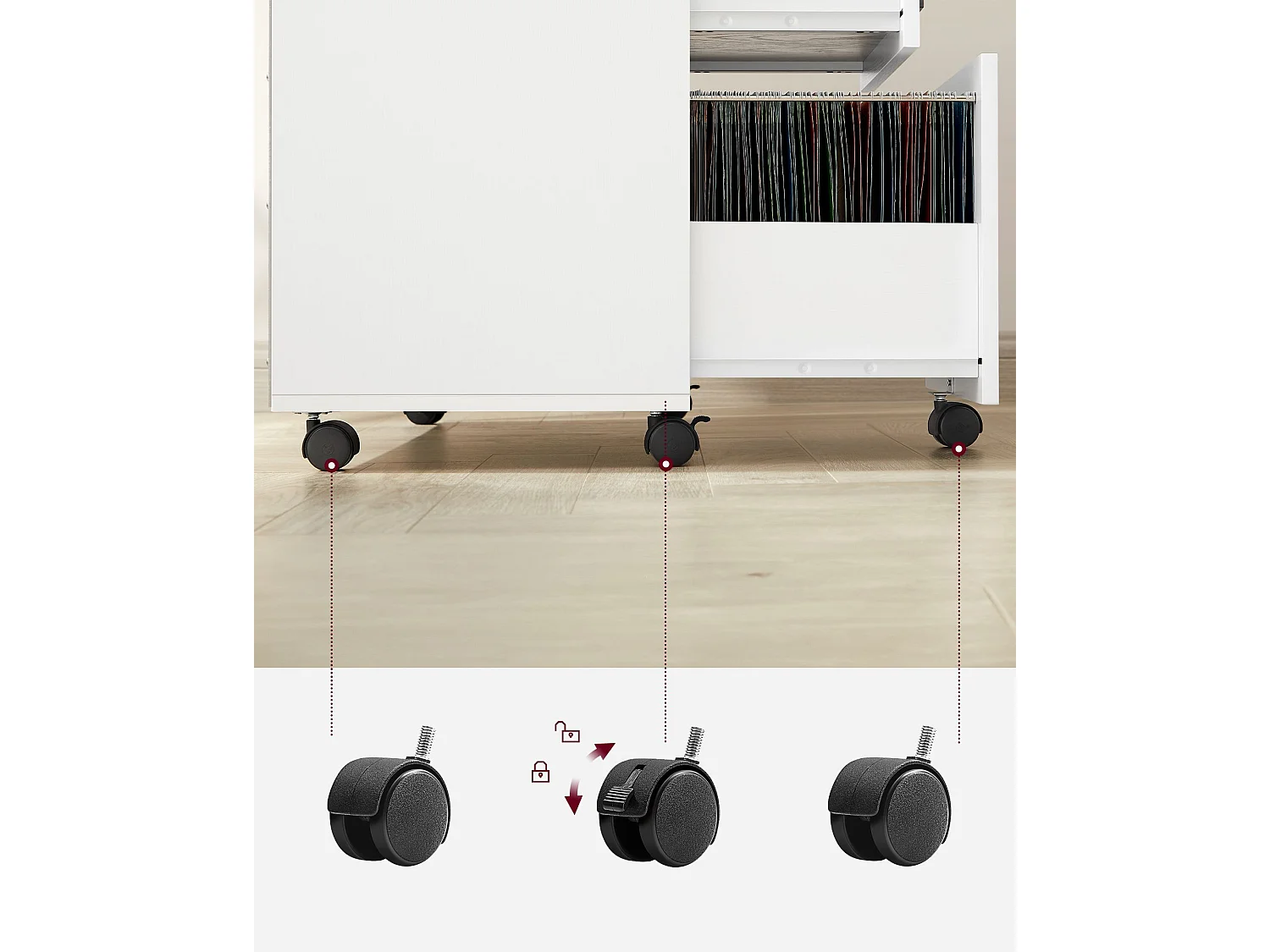 Mobile pedestal with 3 drawers and castors white