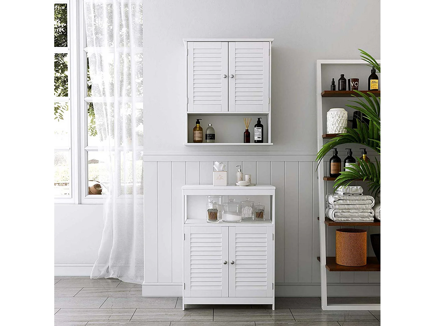 VASAGLE Wandschrank, Hängeschrank für das Badezimmer, Medizinschrank mit verstellbarem Einlegeboden, Doppelrollladentüren und offenem Einlegeboden, 60 x 20 x 70