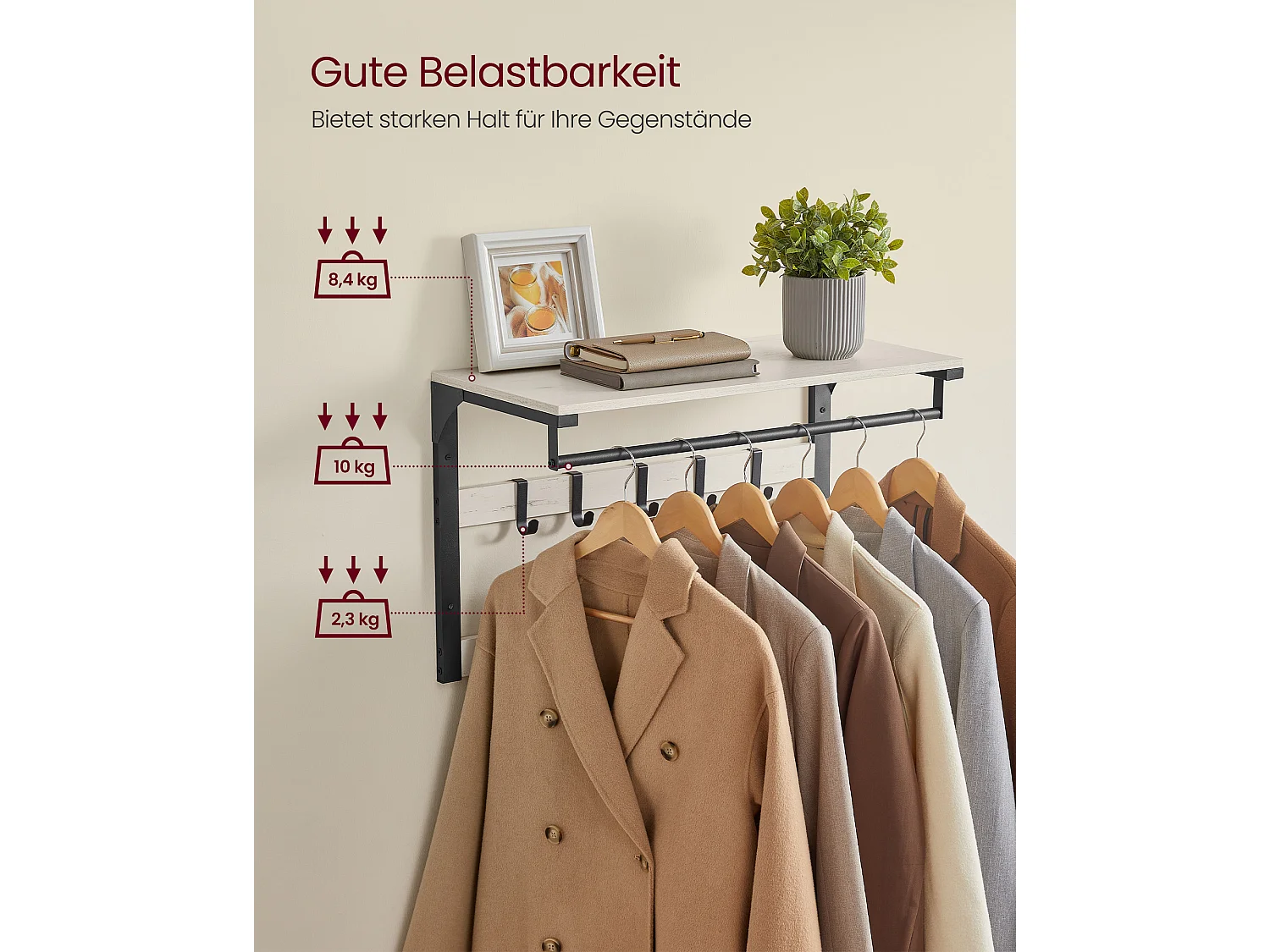 Vægknagerække med hylde og 10 kroge vintage hvid-sort
