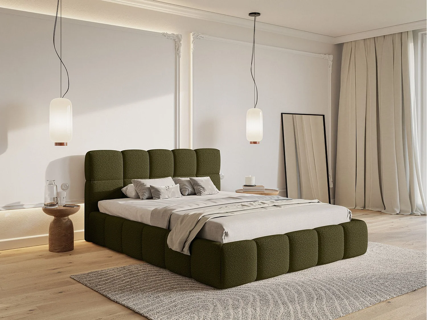 Polsterbett 120x200 cm – Bettkasten & Lattenrost – Bouclé Olivgrün – CLOUDY