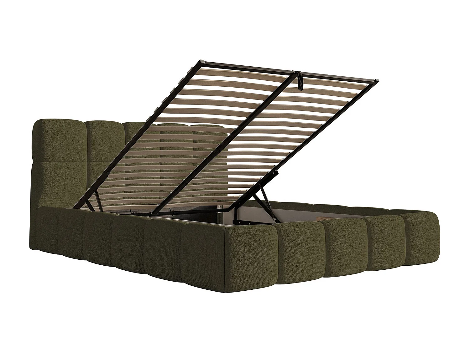 Polsterbett 120x200 cm – Bettkasten & Lattenrost – Bouclé Olivgrün – CLOUDY