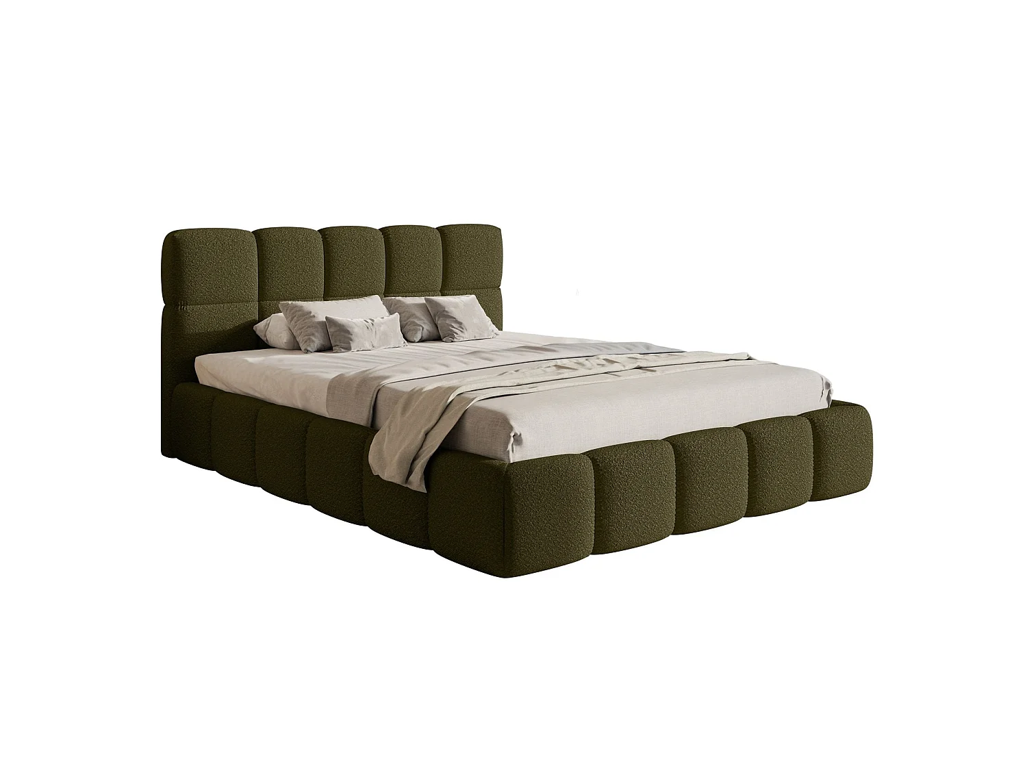 Gestoffeerd bed 120x200 – met opbergruimte – Bouclé Olijfgroen – Cloudy