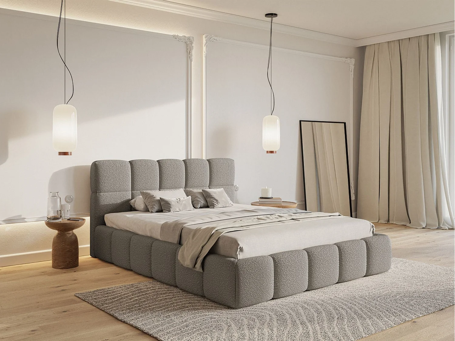 Lit rembourré 120x200 – avec coffre – Bouclé Gris – Cloudy