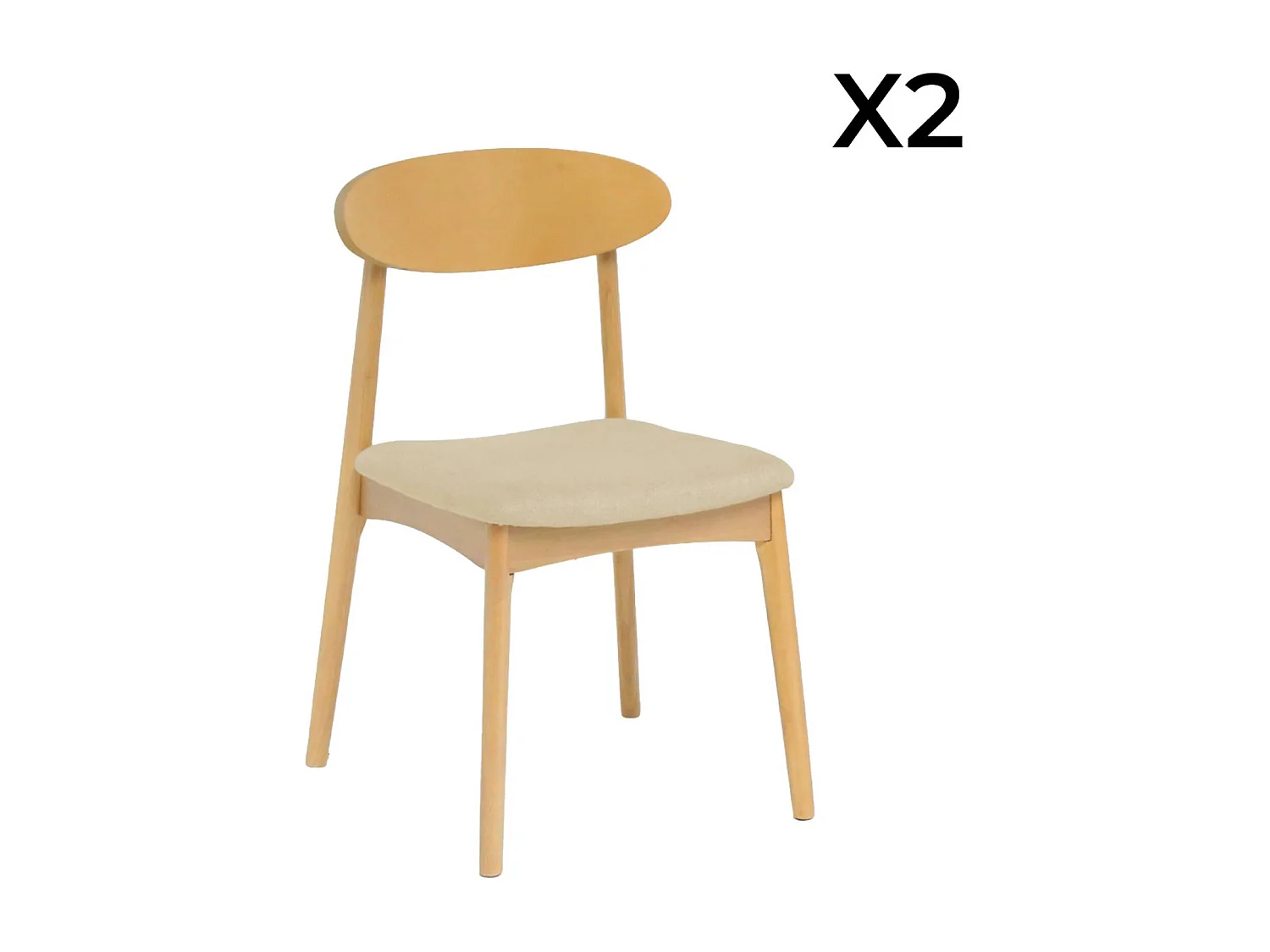 Silla vintage de madera de hevea natural y tela (lote de 2) beige