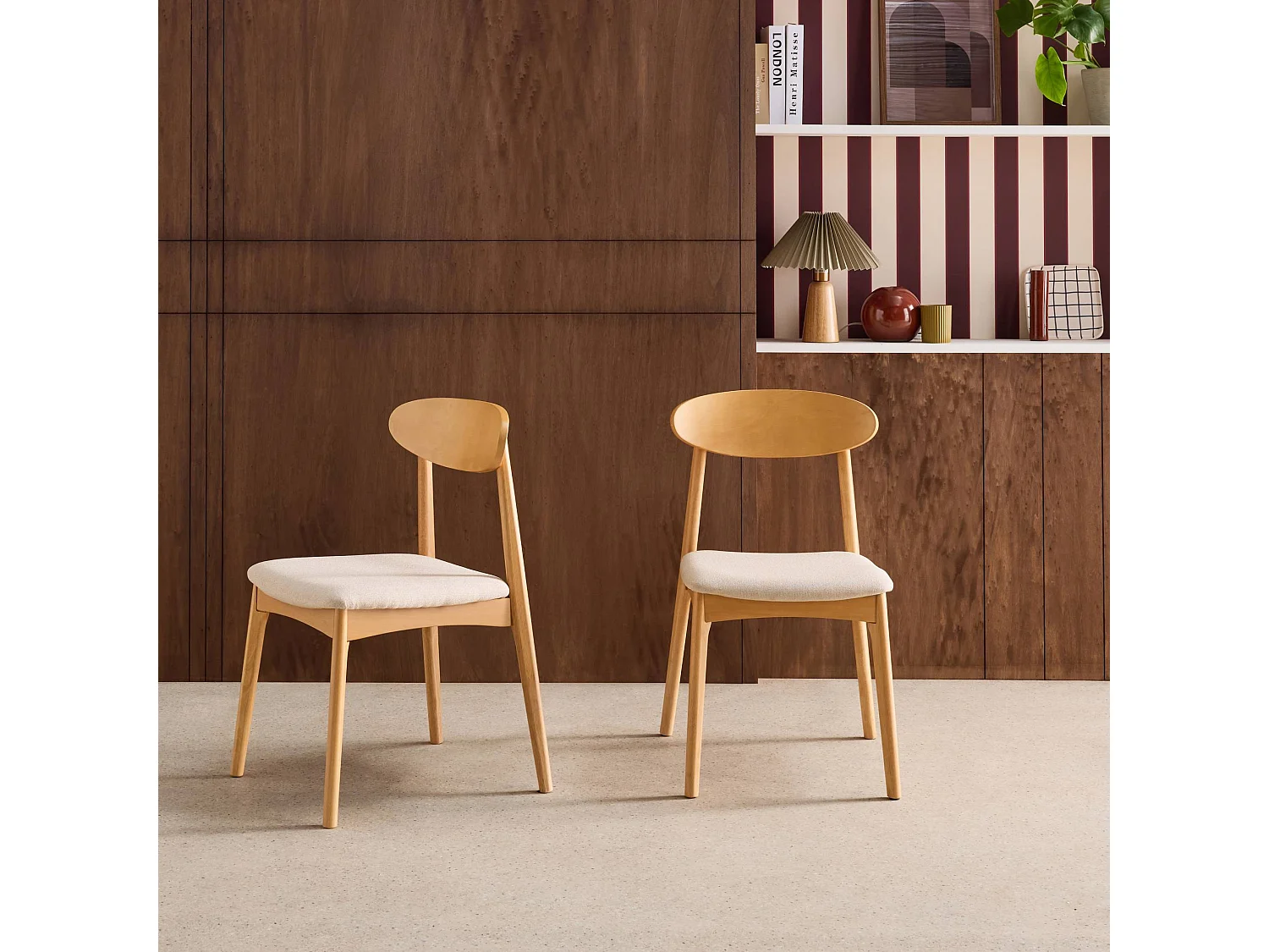 Lot de 2 chaises vintage bois d'hévéa naturel et tissu beige - Aria