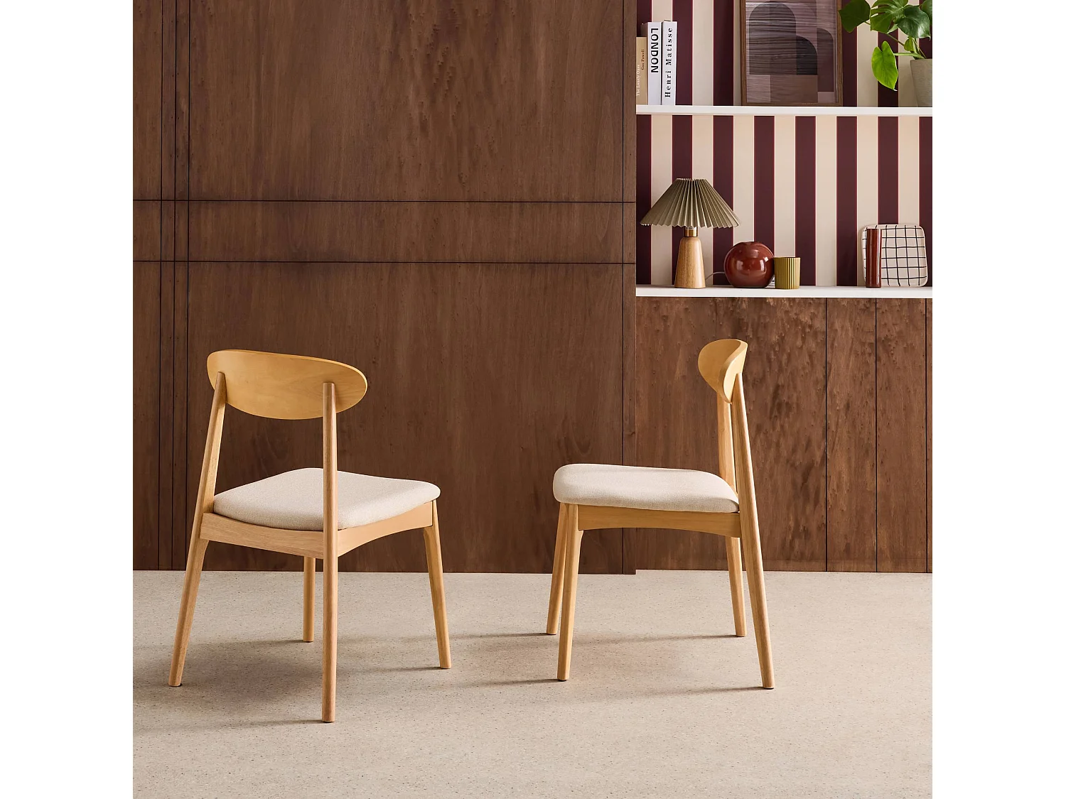 Lot de 2 chaises vintage bois d'hévéa naturel et tissu beige - Aria