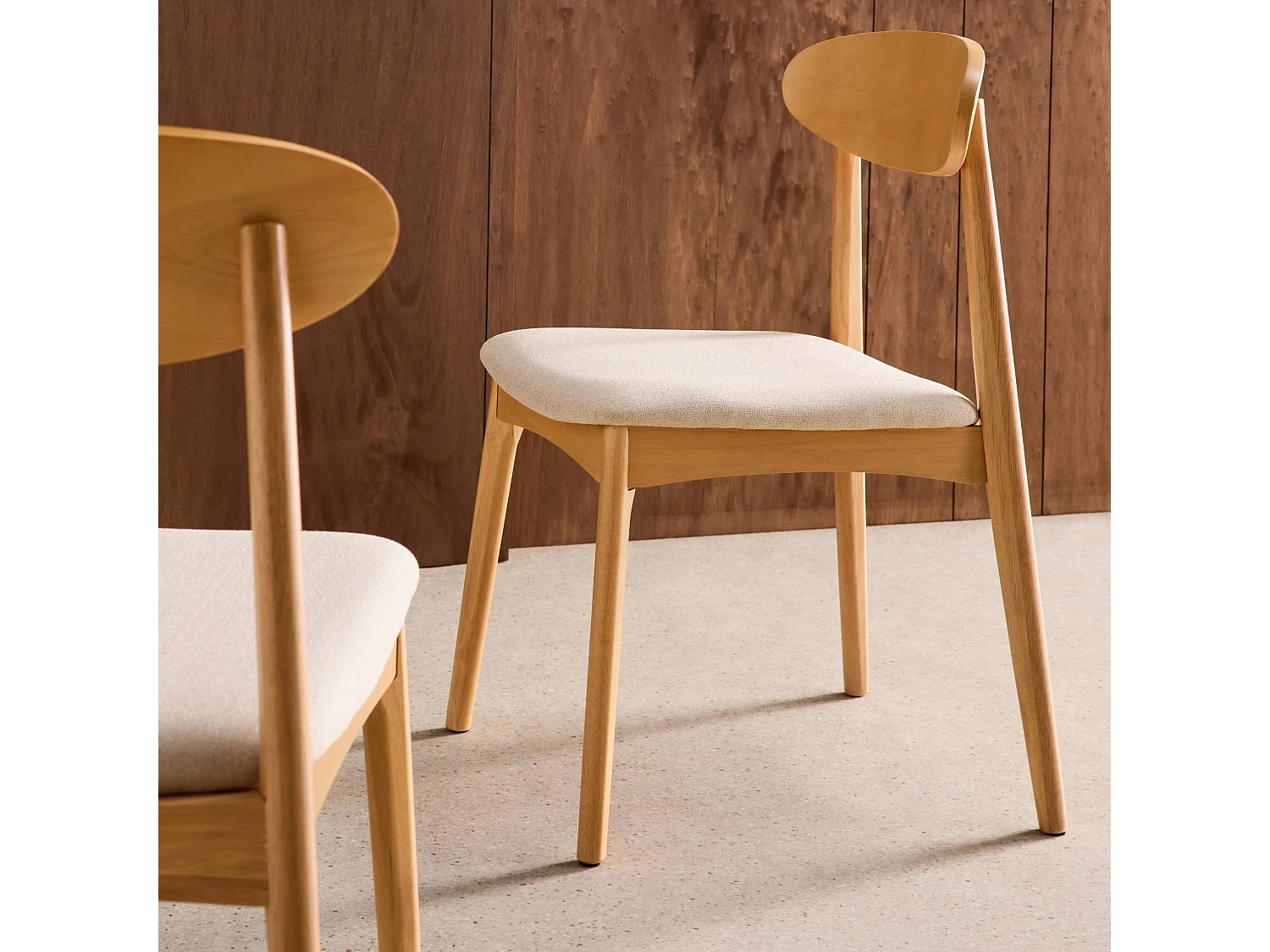 Lot de 2 chaises vintage bois d'hévéa naturel et tissu beige - Aria