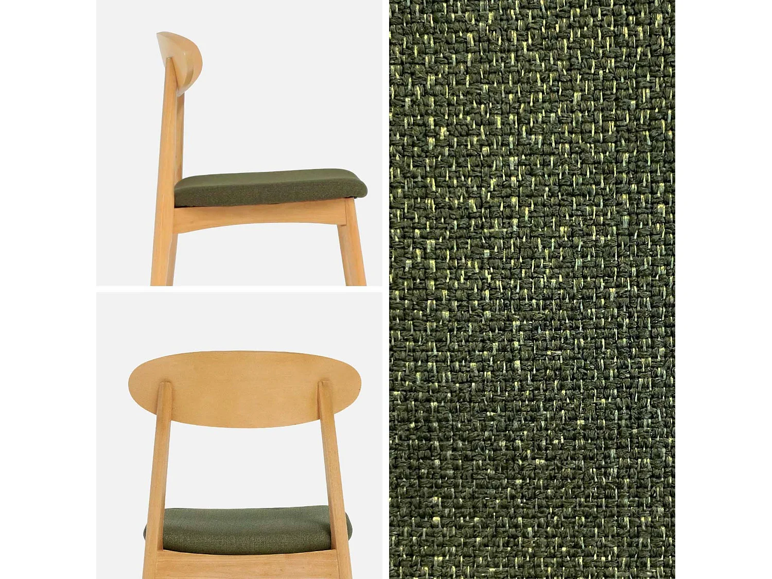 Silla vintage de madera de hevea natural y tela (lote de 2) verde kaki