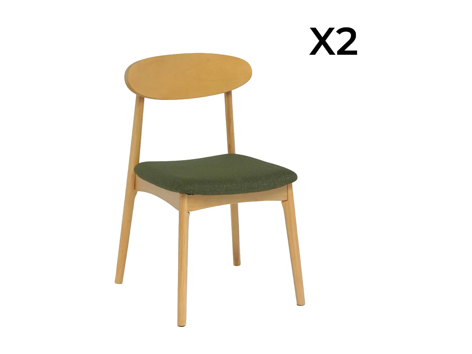 Silla vintage de madera de hevea natural y tela (lote de 2) verde kaki