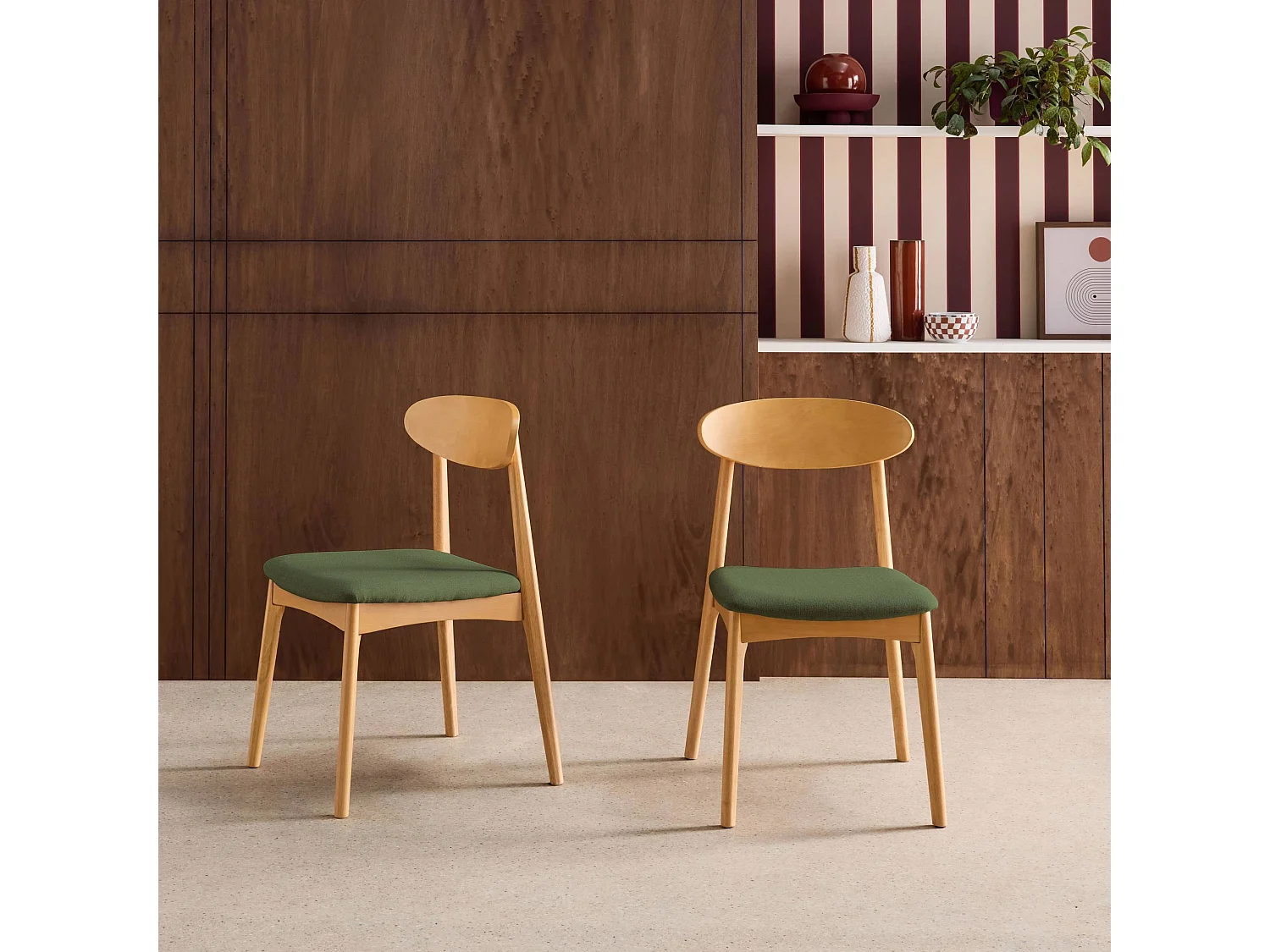 Silla vintage de madera de hevea natural y tela, set de 2 verde kaki