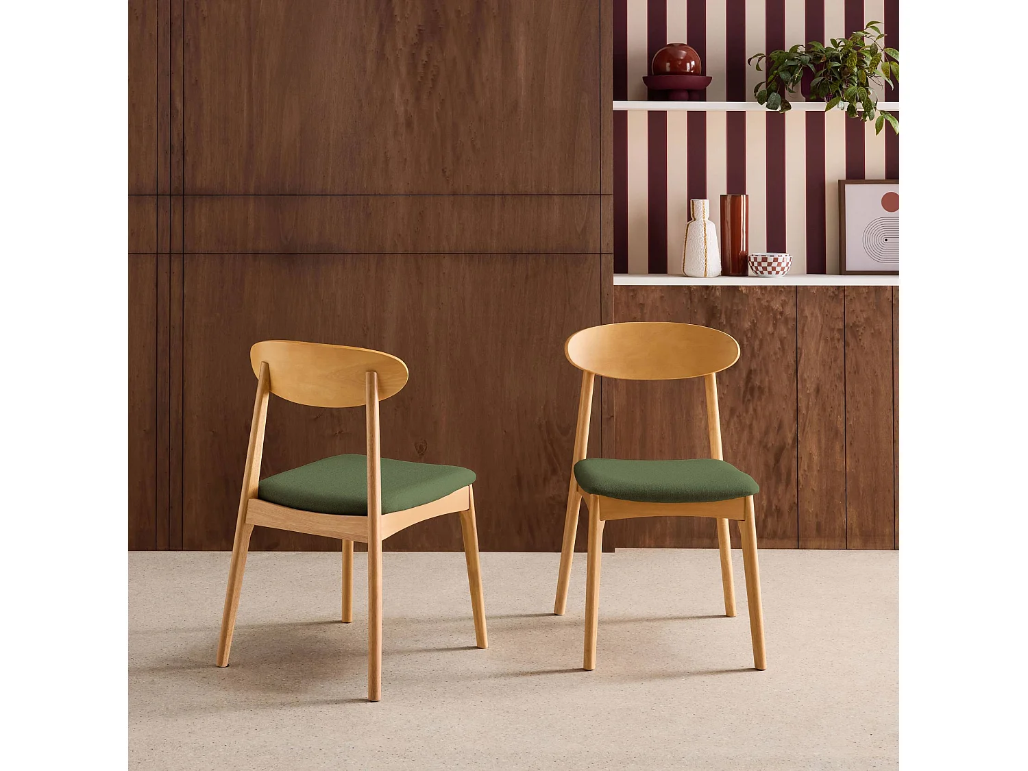 Silla vintage de madera de hevea natural y tela, set de 2 verde kaki