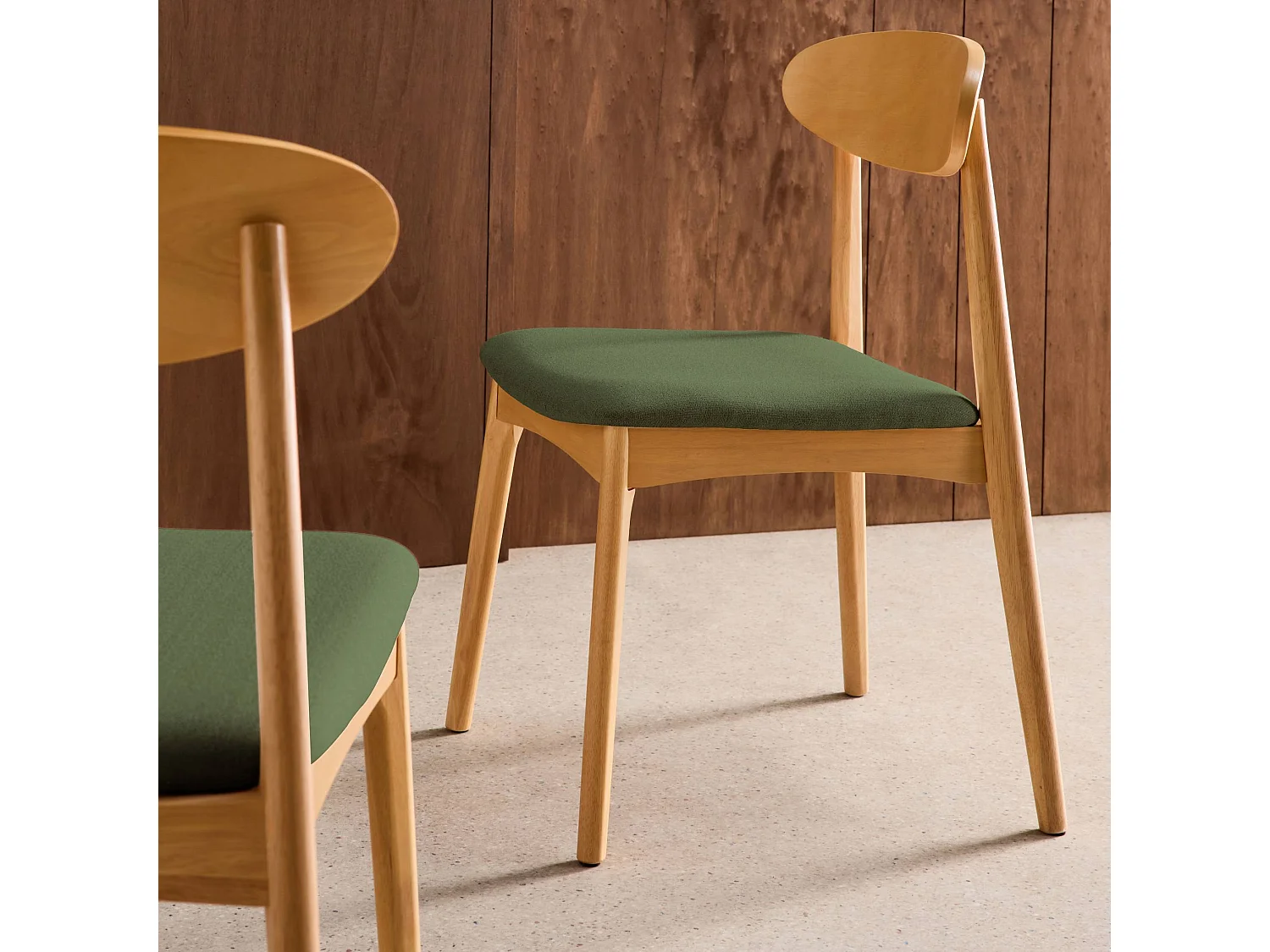 Silla vintage de madera de hevea natural y tela, set de 2 verde kaki
