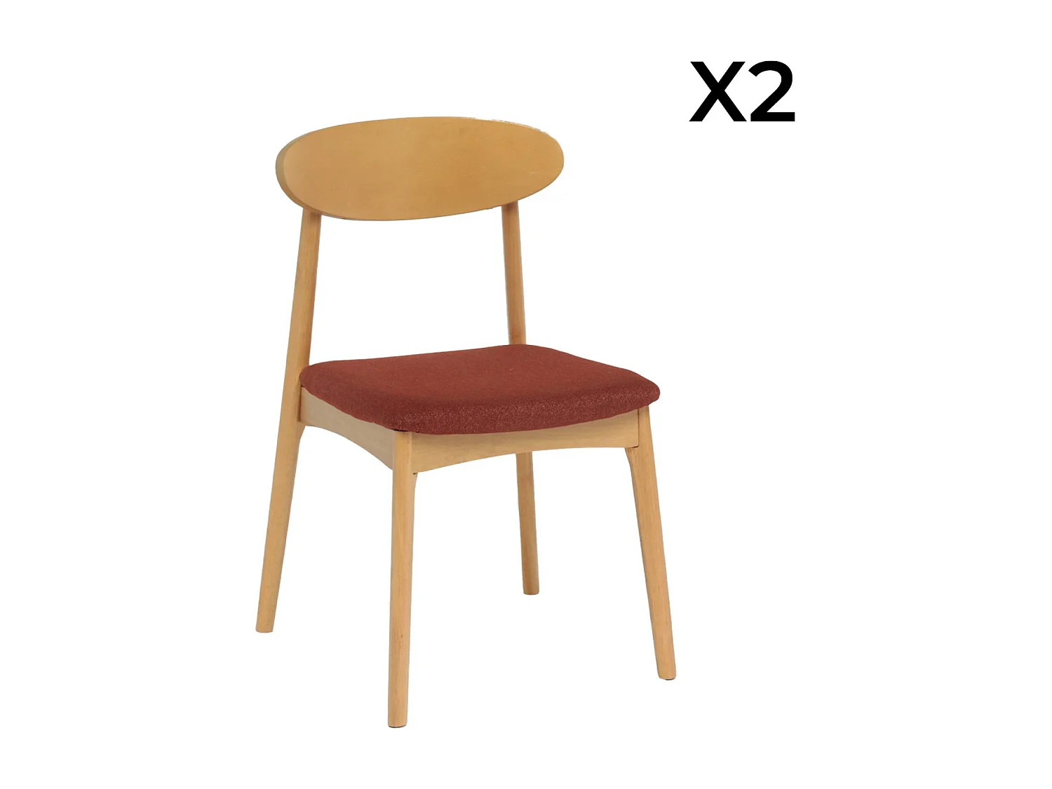 Silla vintage de madera de hevea natural y tela (lote de 2) terracota