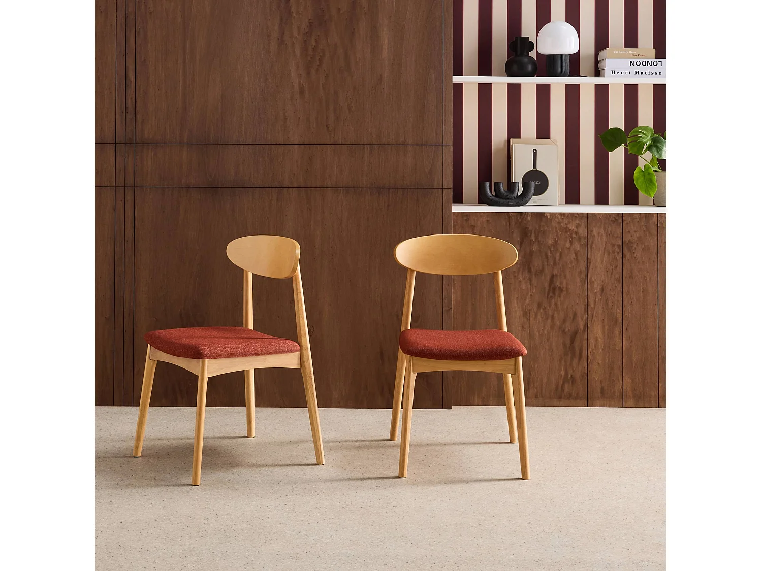 Silla vintage de madera de hevea natural y tela, set de 2 terracota
