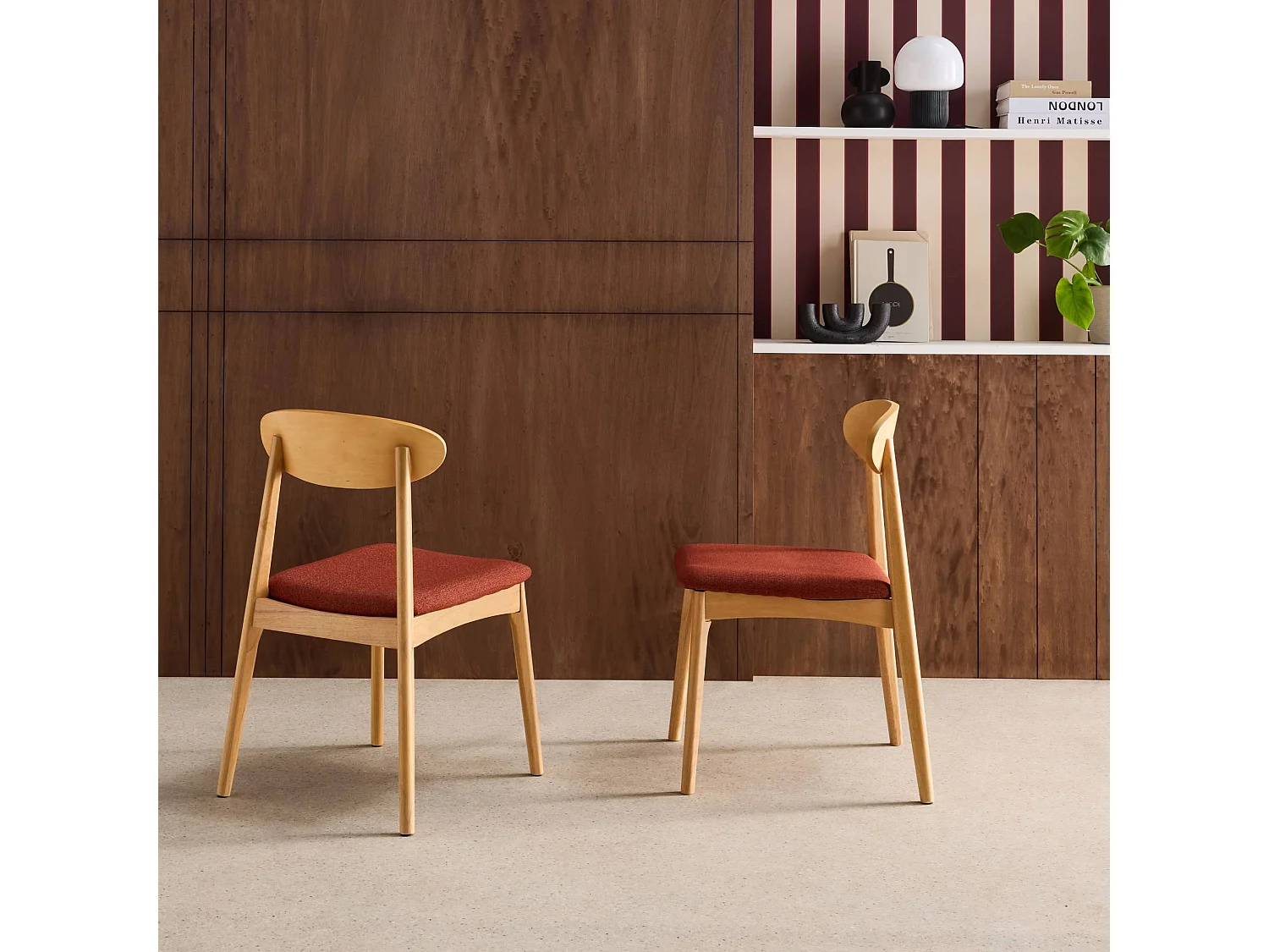 Silla vintage de madera de hevea natural y tela, set de 2 terracota