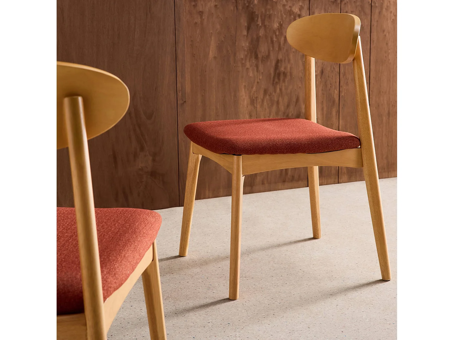 Silla vintage de madera de hevea natural y tela, set de 2 terracota