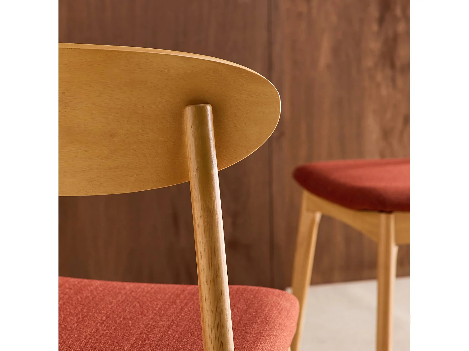 Silla vintage de madera de hevea natural y tela, set de 2 terracota