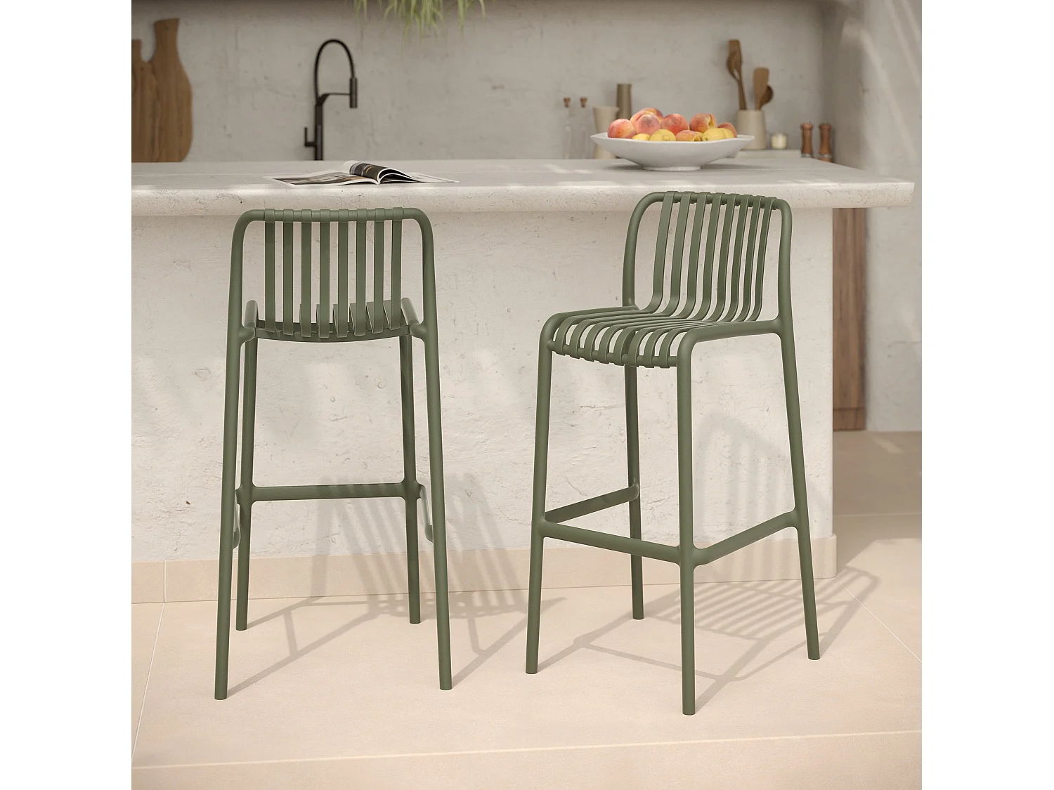 Set di 2 sedie da bar da giardino 76 cm in plastica verde kaki - Duli