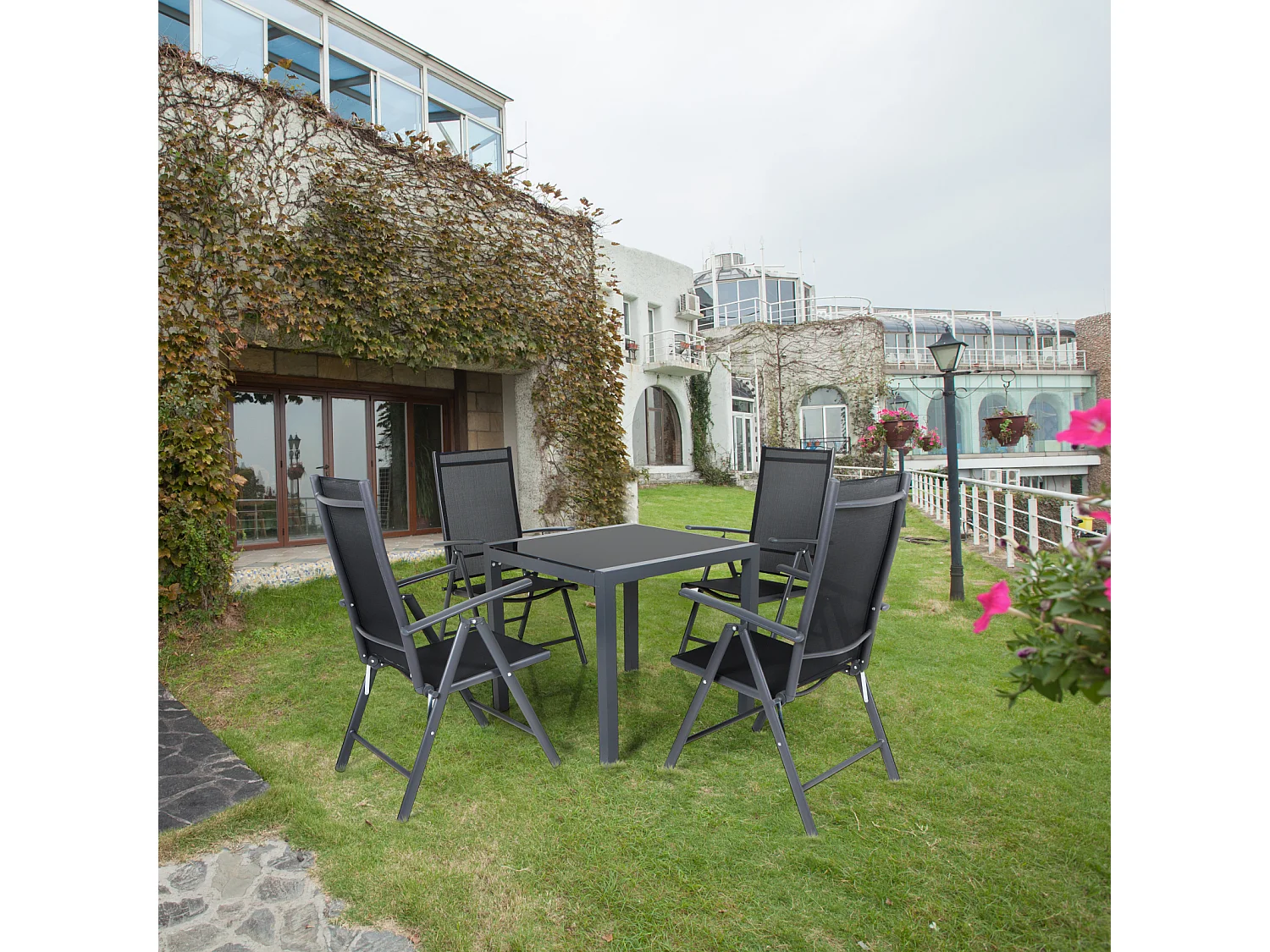 SVITA Set table de jardin et 4 chaises à dossier haut pliables fauteuils de camping métal Anthracite