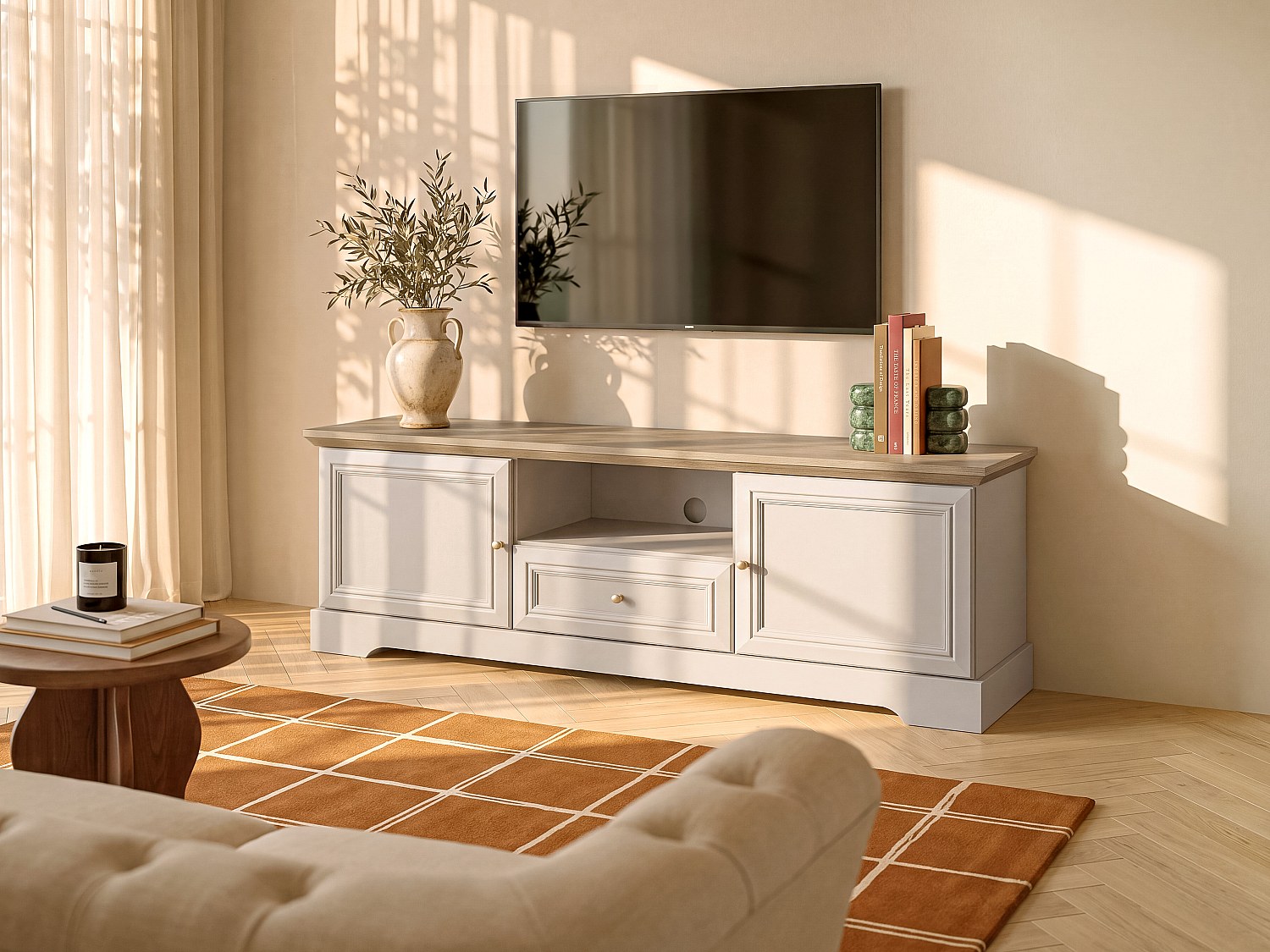 TV-Board mit 2 Türen, 1 Schublade und 1 Ablage - Beige und Naturfarben hell - ZARULA