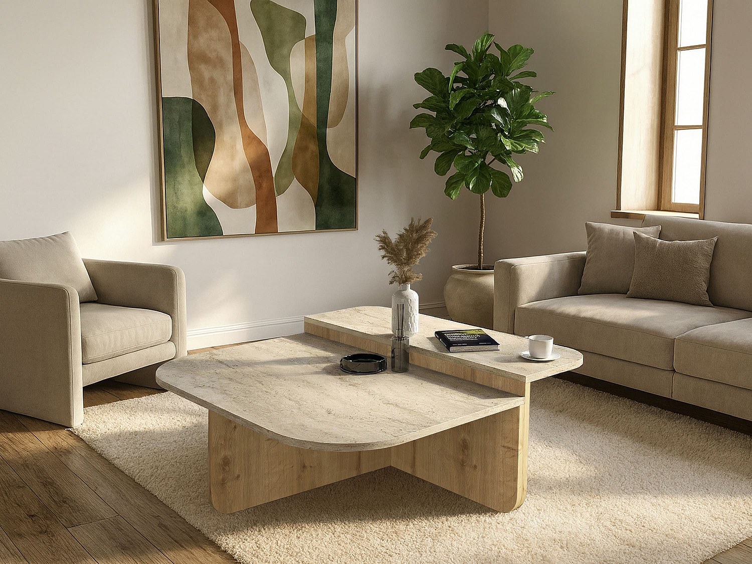 Couchtisch - Beige Travertin-Optik und helles Naturdekor - MARALIA