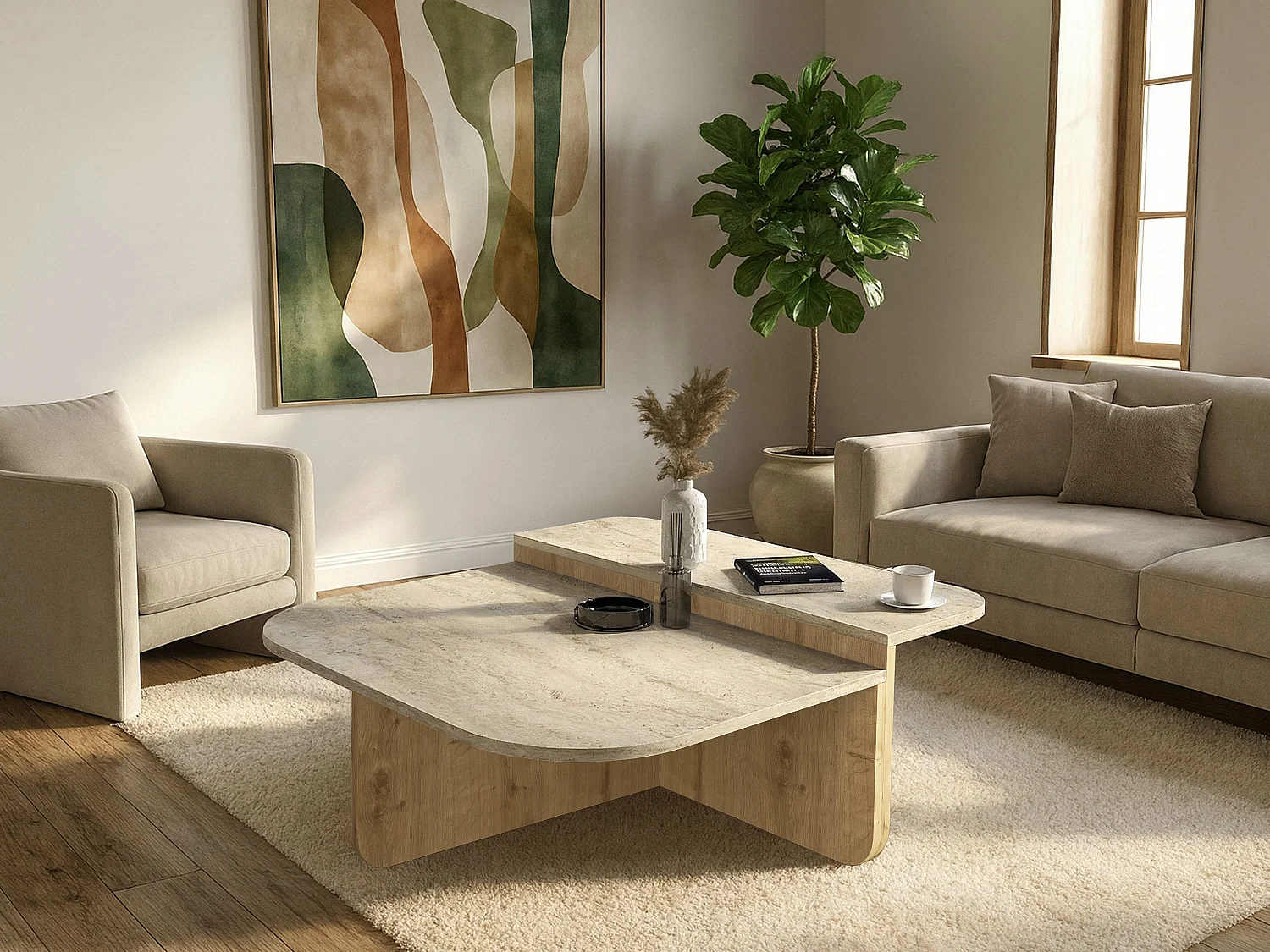 Table basse - Effet travertin beige et naturel clair - MARALIA