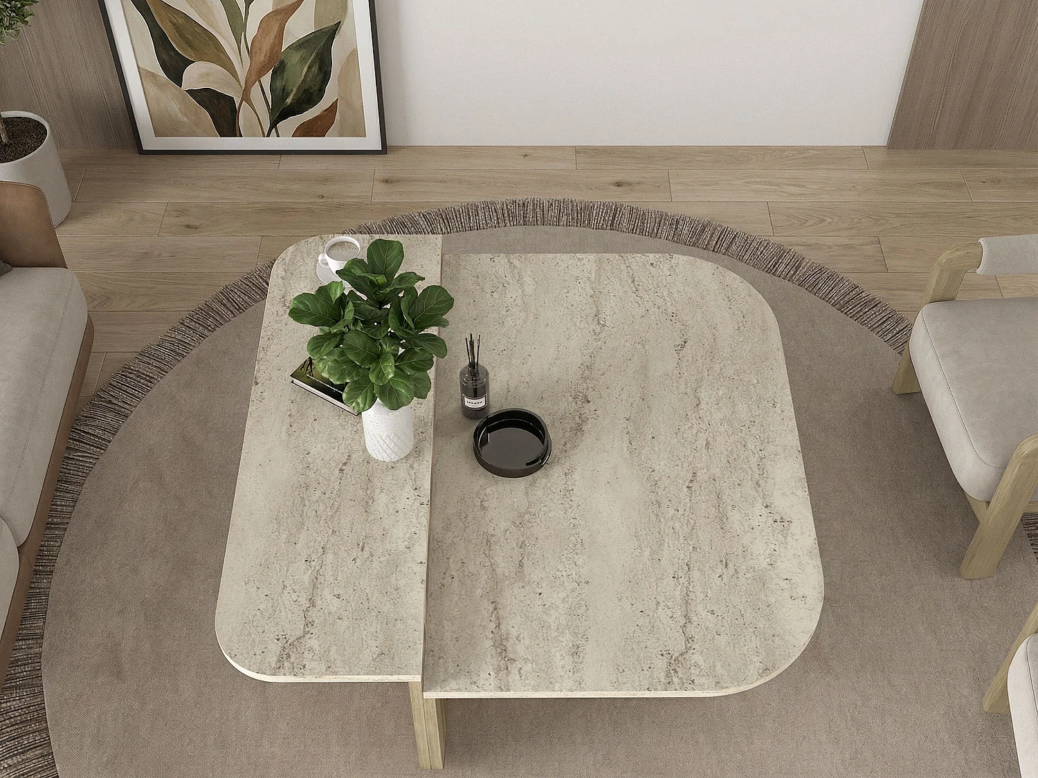 Table basse - Effet travertin beige et naturel clair - MARALIA
