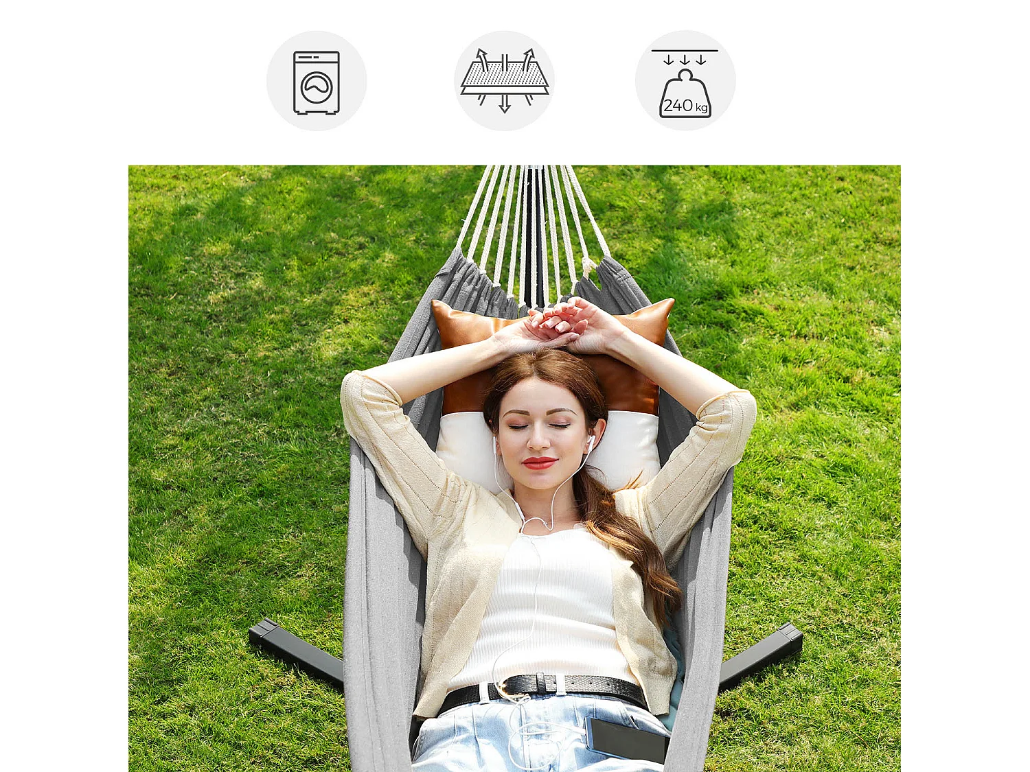 SONGMICS Hamac avec support, hamac 210 x 150 cm, 5 hauteurs réglables, hamac portable avec cadre en métal, capacité de charge 240 kg, patio, jardin, cour, support