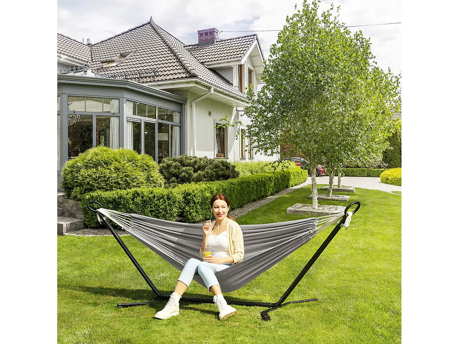 SONGMICS Hamac avec support, hamac 210 x 150 cm, 5 hauteurs réglables, hamac portable avec cadre en métal, capacité de charge 240 kg, patio, jardin, cour, support