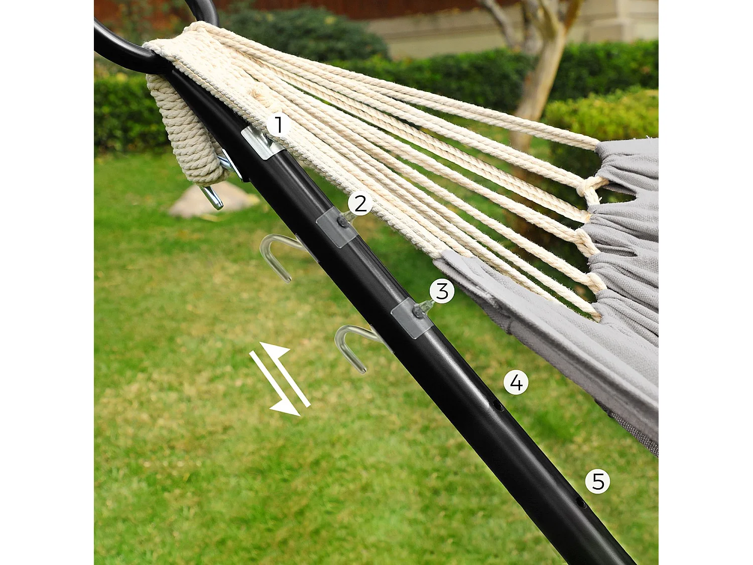 SONGMICS Hamac avec support, hamac 210 x 150 cm, 5 hauteurs réglables, hamac portable avec cadre en métal, capacité de charge 240 kg, patio, jardin, cour, support
