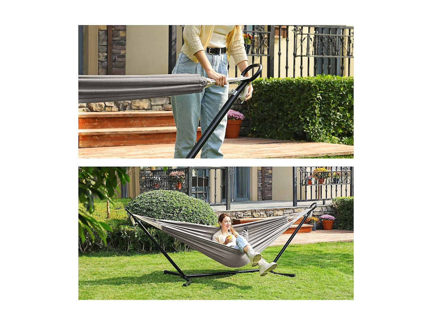 SONGMICS Hamac avec support, hamac 210 x 150 cm, 5 hauteurs réglables, hamac portable avec cadre en métal, capacité de charge 240 kg, patio, jardin, cour, support