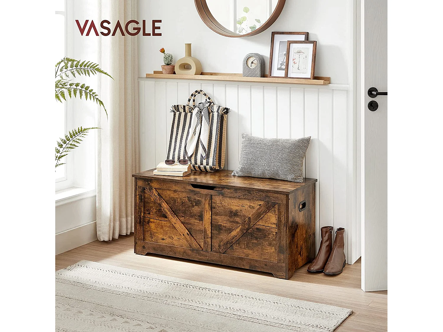 VASAGLE Coffre de rangement, banc de rangement, coffre à couvertures avec 2 charnières de sécurité, banc de rangement pour chaussures, style grange, 40 x 100 x 46