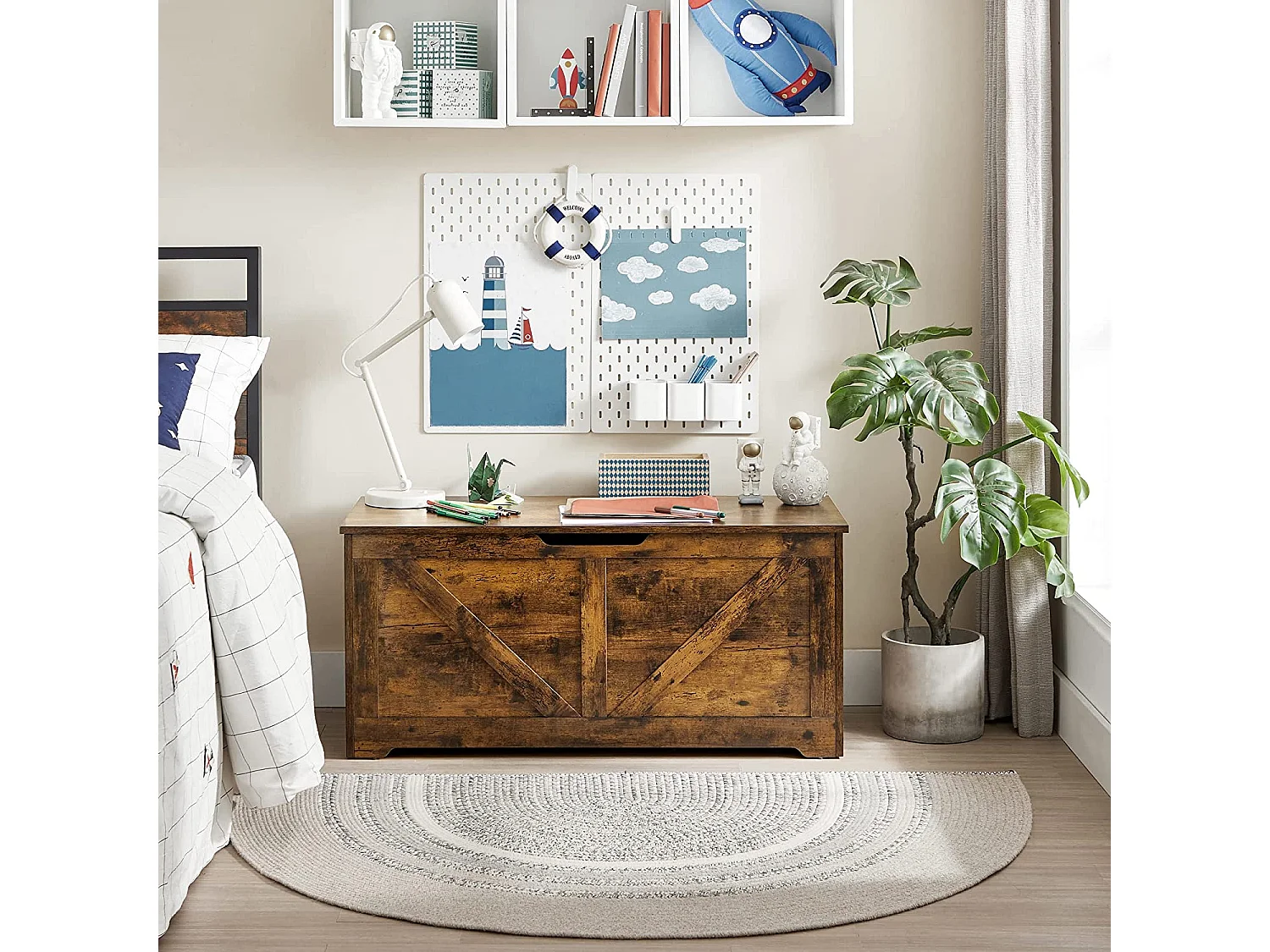 VASAGLE Coffre de rangement, banc de rangement, coffre à couvertures avec 2 charnières de sécurité, banc de rangement pour chaussures, style grange, 40 x 100 x 46
