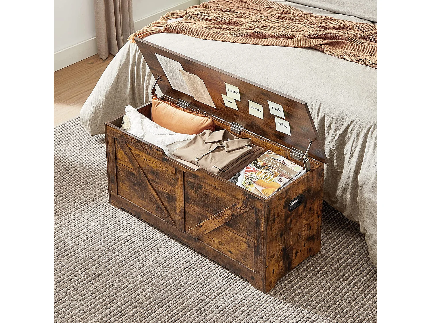 VASAGLE Coffre de rangement, banc de rangement, coffre à couvertures avec 2 charnières de sécurité, banc de rangement pour chaussures, style grange, 40 x 100 x 46