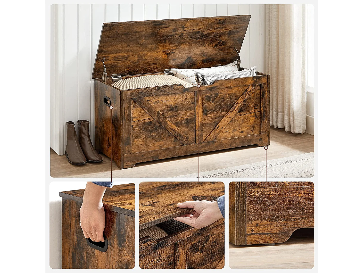 VASAGLE Coffre de rangement, banc de rangement, coffre à couvertures avec 2 charnières de sécurité, banc de rangement pour chaussures, style grange, 40 x 100 x 46