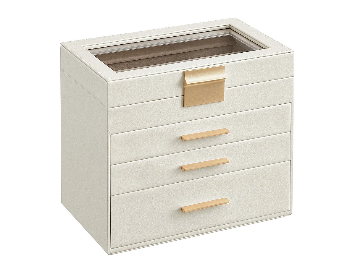 SONGMICS Smykkeskrin med glaslåg, 4-trins smykkearrangør, 3 skuffer, til solbriller, store smykker, smykkeopbevaring, moderne stil, skyhvid og guldfarve JBC161W01