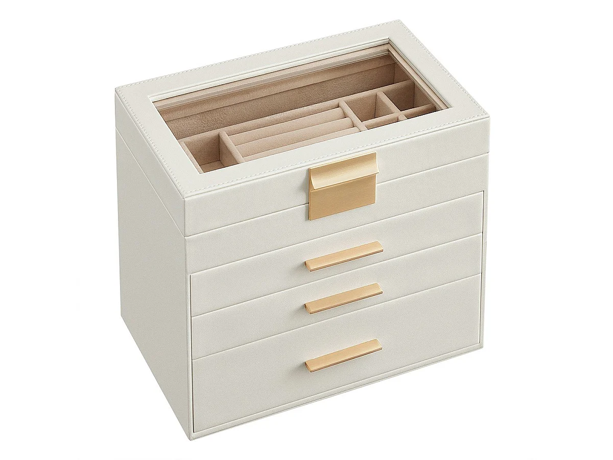 SONGMICS Smykkeskrin med glaslåg, 4-trins smykkearrangør, 3 skuffer, til solbriller, store smykker, smykkeopbevaring, moderne stil, skyhvid og guldfarve JBC161W01