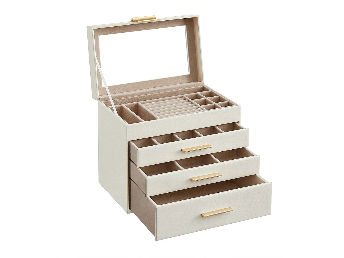 SONGMICS Smykkeskrin med glaslåg, 4-trins smykkearrangør, 3 skuffer, til solbriller, store smykker, smykkeopbevaring, moderne stil, skyhvid og guldfarve JBC161W01