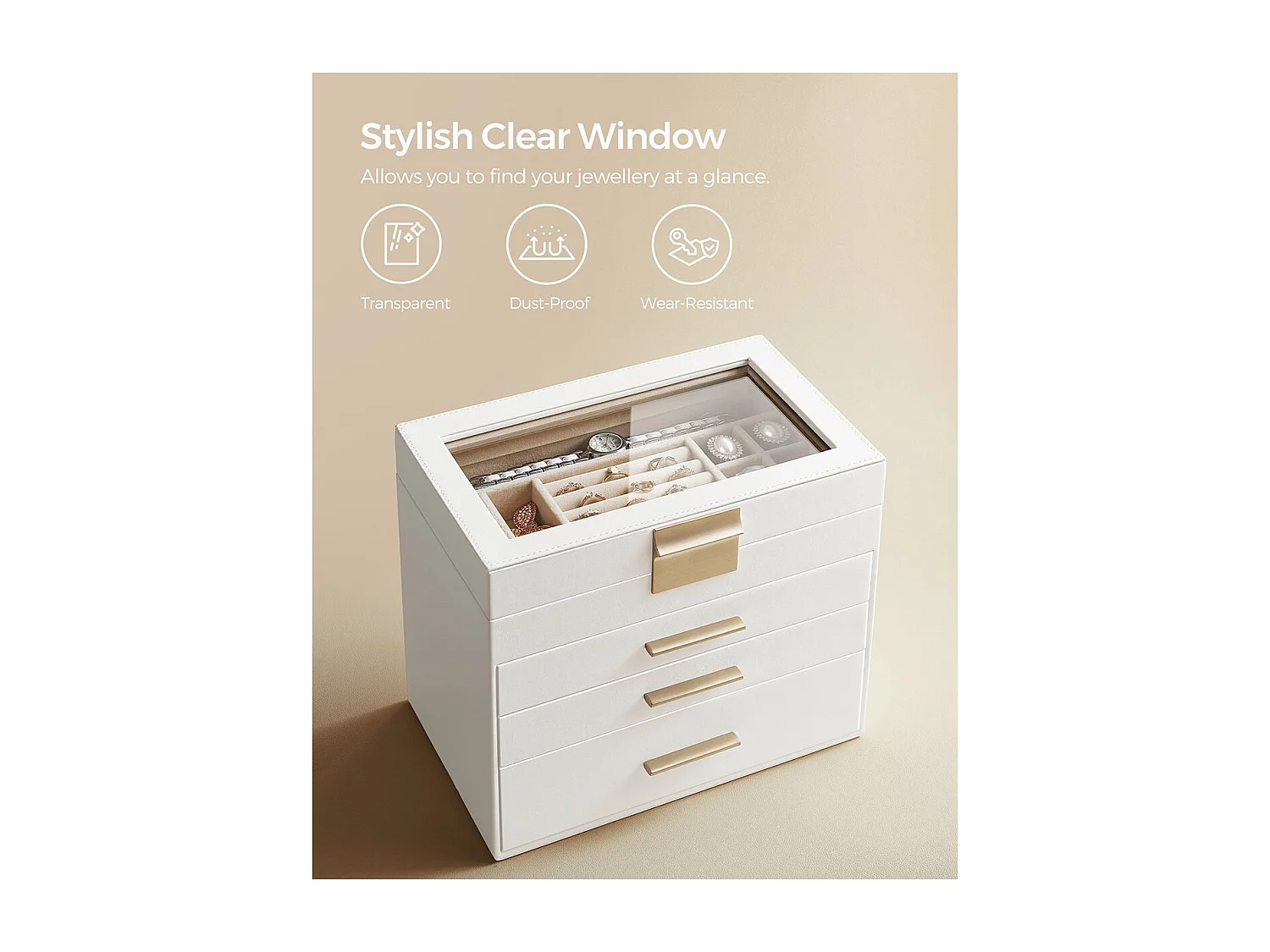 SONGMICS Smykkeskrin med glaslåg, 4-trins smykkearrangør, 3 skuffer, til solbriller, store smykker, smykkeopbevaring, moderne stil, skyhvid og guldfarve JBC161W01