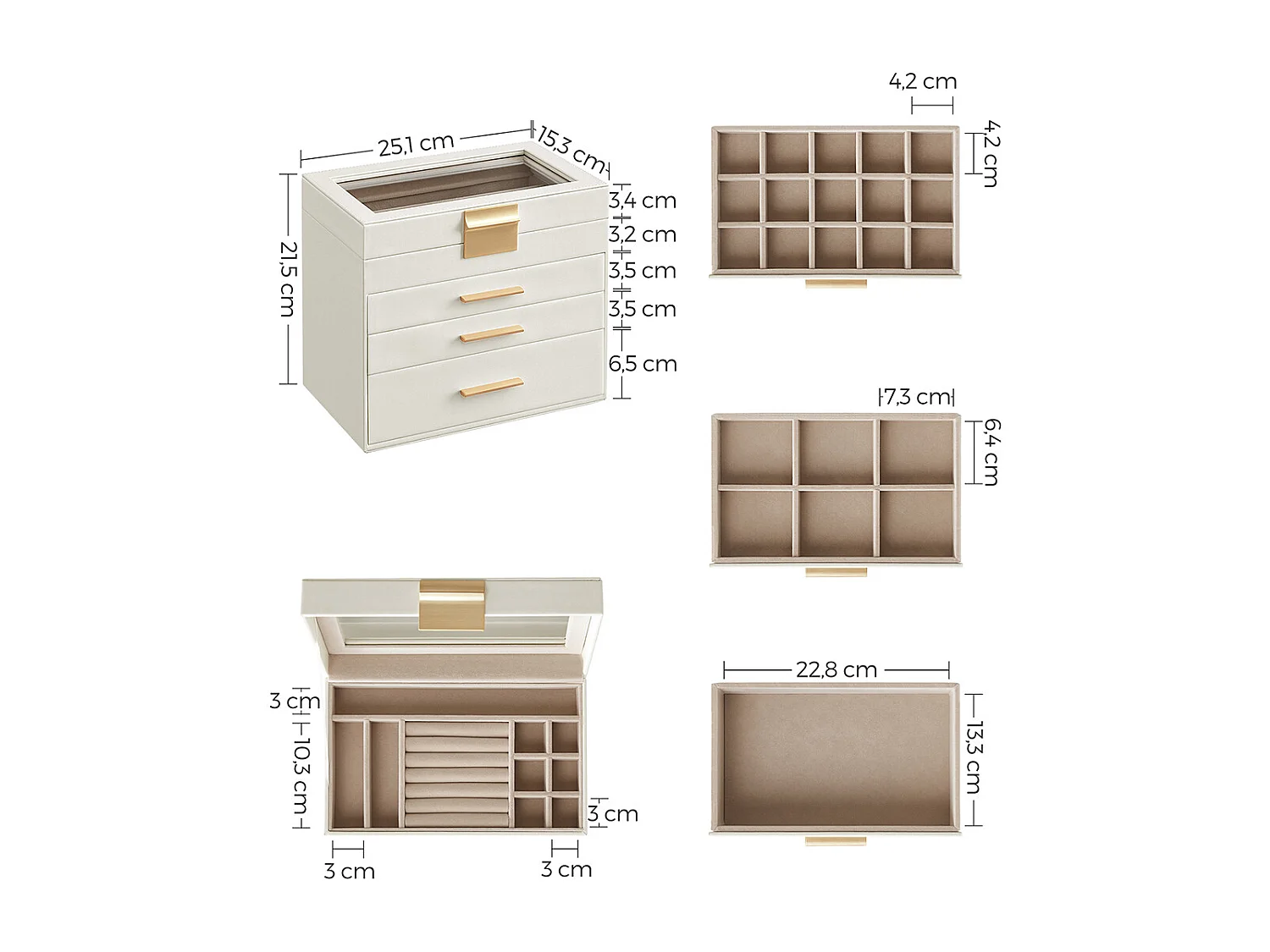 SONGMICS Smykkeskrin med glaslåg, 4-trins smykkearrangør, 3 skuffer, til solbriller, store smykker, smykkeopbevaring, moderne stil, skyhvid og guldfarve JBC161W01