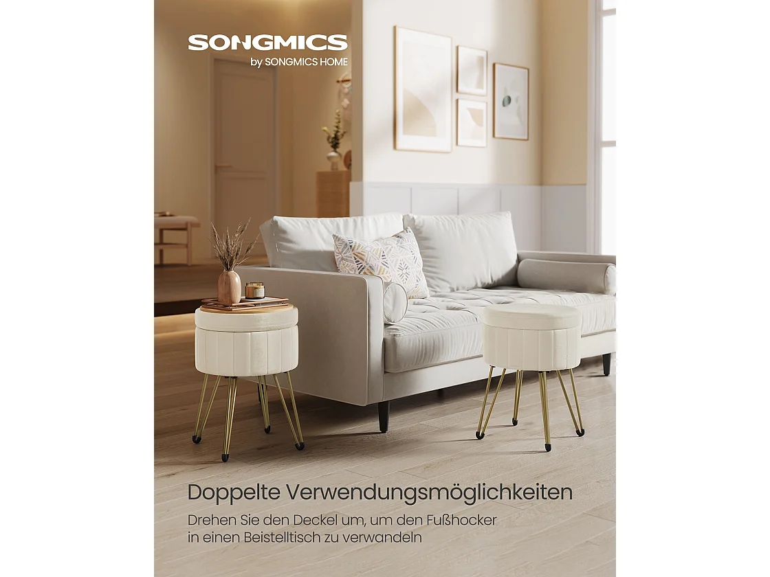 Sitzhocker mit Stauraum und 4 Metallbeinen cremeweiß