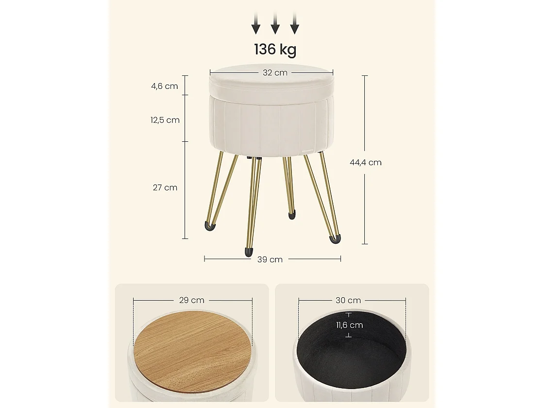 Sitzhocker mit Stauraum und 4 Metallbeinen cremeweiß