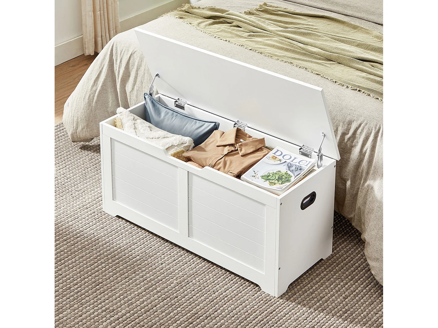 VASAGLE Coffre de rangement, banc de rangement, coffre à couvertures avec 2 charnières de sécurité, banc de rangement pour chaussures, style moderne, 40 x 100 x 46